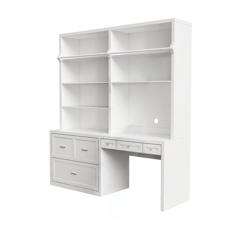Bureau Ziggie blanc de 196 cm de large avec tablette supérieure, meuble mural pour bureau à domicile avec étagères ouvertes, tiroirs et trousse anti-basculement