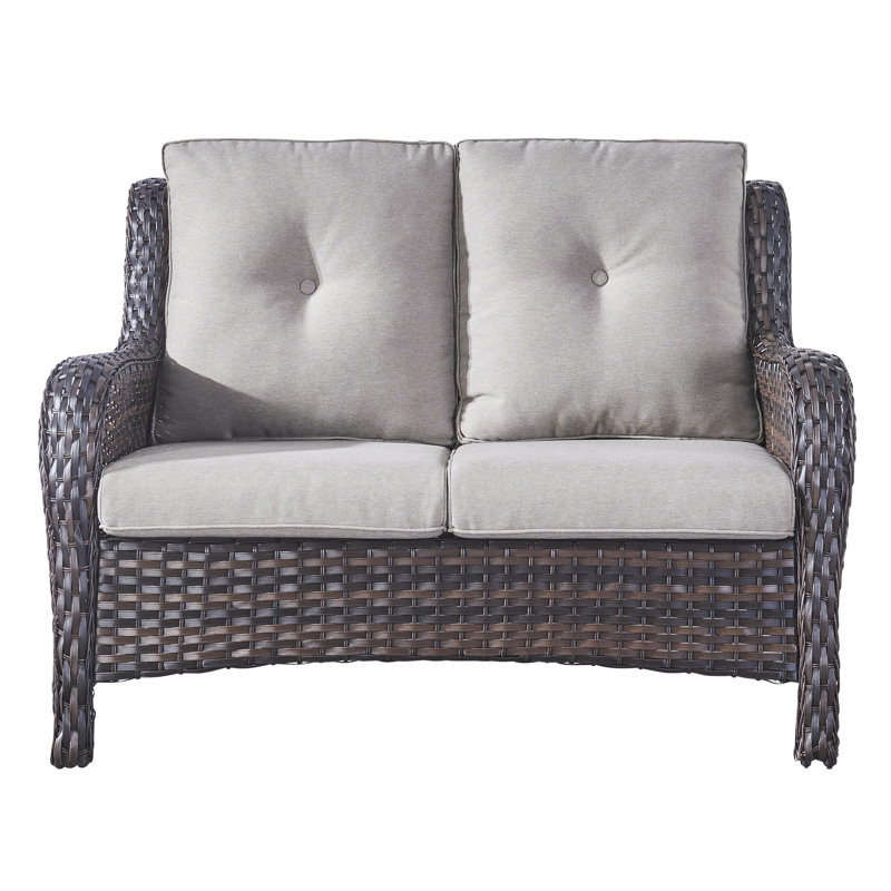 Tonry 53'' Wide Rectangle Wicker Patio Sofa with Cushions, Brown, Taupe