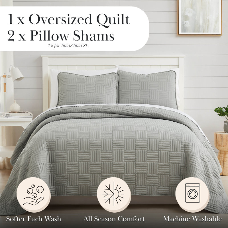 Grid Quilted Oversized lightweight Prewash Microfiber Quilt Set, Twin Quilt + 1 Standard Sham, Gray