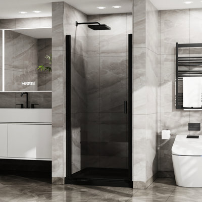 Black 34"X72" Shower Pivot Door, 1/4" Tempered Glass, Semi-, Waterproof Magnets, Long-Lasting Handle, 180 Rotating Pivot, 90 Door Blockade Glass Thick, Design, System, Stable Stopper Structure