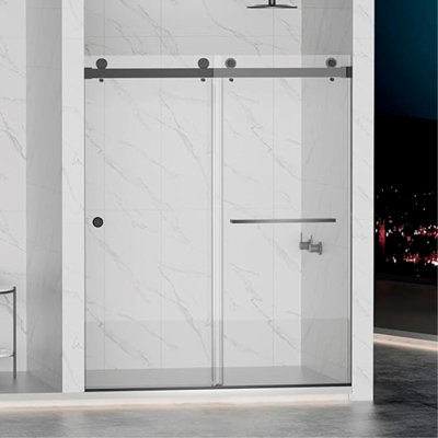 55-59"W x 72"H Frameless Double Sliding Shower Door, 304 Stainless Steel in Matte Black 5/16" (8mm) Thick SGCC Tempered Clear Glass. Round handle with NANO easy cleaning coating.