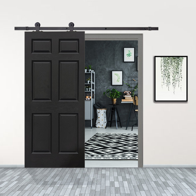 30 In. X 80 In. Black Painted Finished Composite MDF 6 Panel Interior Sliding Barn Door With Hardware Kit, 30" x 84", Dark