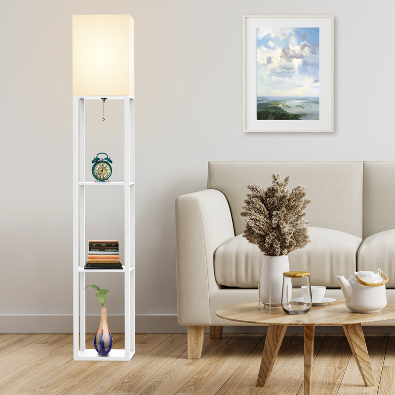 Emonnie 62.9" Column Floor Lamp with Shelves, Real Solid Wood and Bulb Included, White