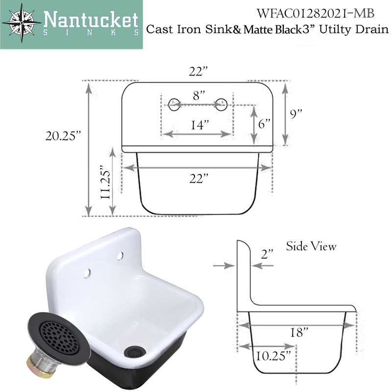 Anchor 22" L X 18" W Cast Iron Wall Mount Utility/Laundry Sink with Drain, Matte Black Drain