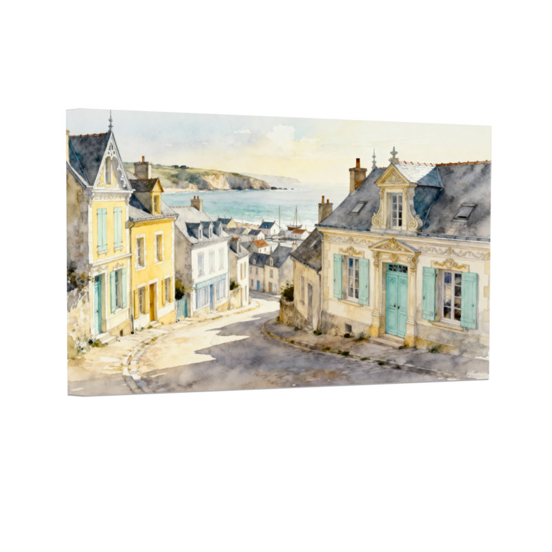 Scène d'aquarelle de village côtier, H 20 po x l 30 po