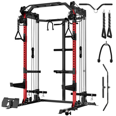 MIKOLO 53.4 x 64.5 Black and Red Cable & Functional Trainer Gyms with Pull-Up / Dip Bars and Resistance Bands / Tubes