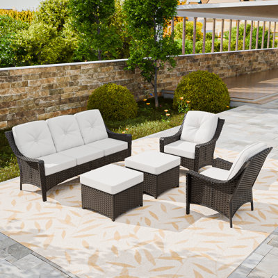 5-Piece Outdoor PE Brown Wicker Rattan Wide Armrest Sofa Seating Group Patio Conversation Set with Olefin Thick Cushions
