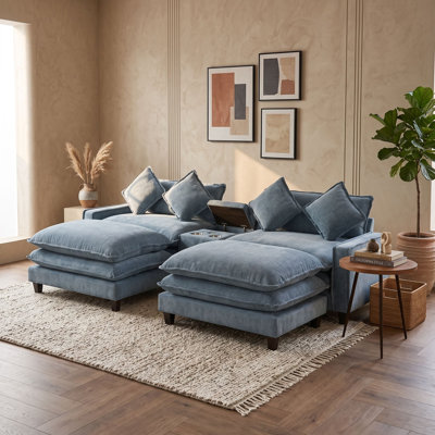 Chenille Sofa with Double Cushions, Hidden Storage, USB Ports, 2 Cup Holders, Removable Ottomans and Pillows