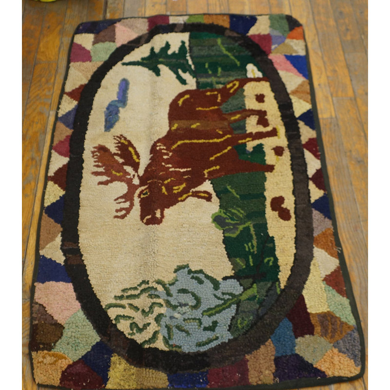 Ivory Scenic Pictorial Moose Design Antique American Folk Art Hooked Rug