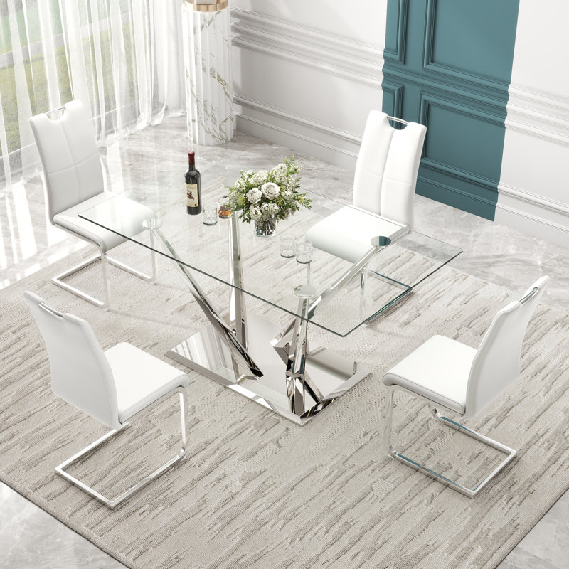 Ensemble de salle à manger rectangulaire à piédestal en verre trempé, 5, Blanc, Argent argent