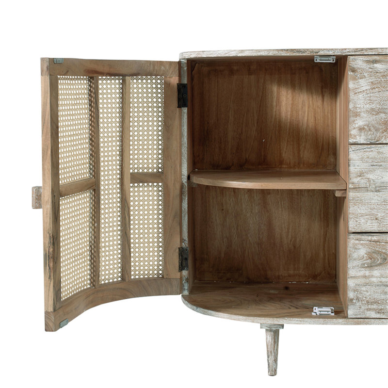 Console de télévision élégante et fonctionnelle avec portes en canne et beaucoup de rangement