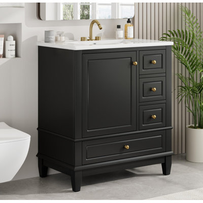 Meuble-lavabo 30 po avec lavabo en céramique - Porte à fermeture en douceur (tablette) + 3 tiroirs divisés, armoire imperméable pour petite salle de bain