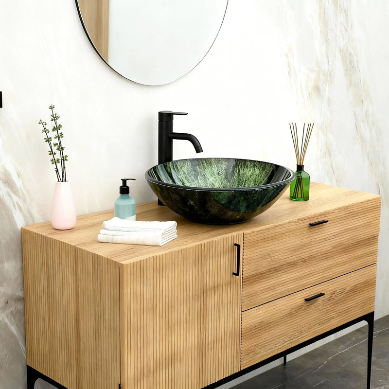 Glass Bathroom Vessel Sink With Natural Marble Texture, Black Faucet, And Pop - Up Drain For A Contemporary Home Decor Tempered Drain, Solution