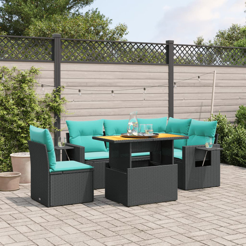  Ensemble de canapé de patio 6 pièces avec coussins en rotin de polyester, Noir, Vert