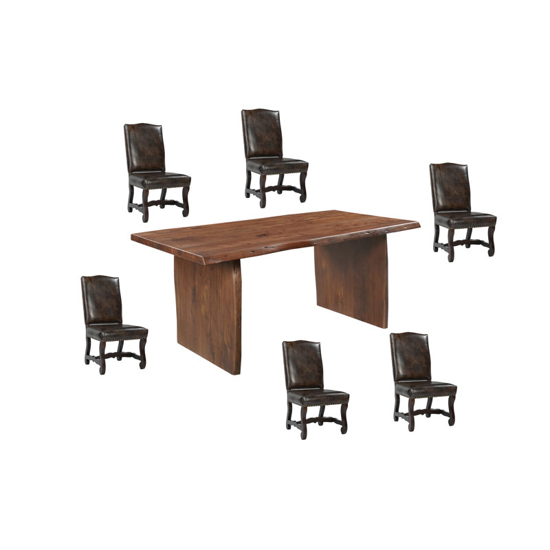 7-Piece Live Edge Solid Wood Dining Set, Brown, Beige/Dark Brown