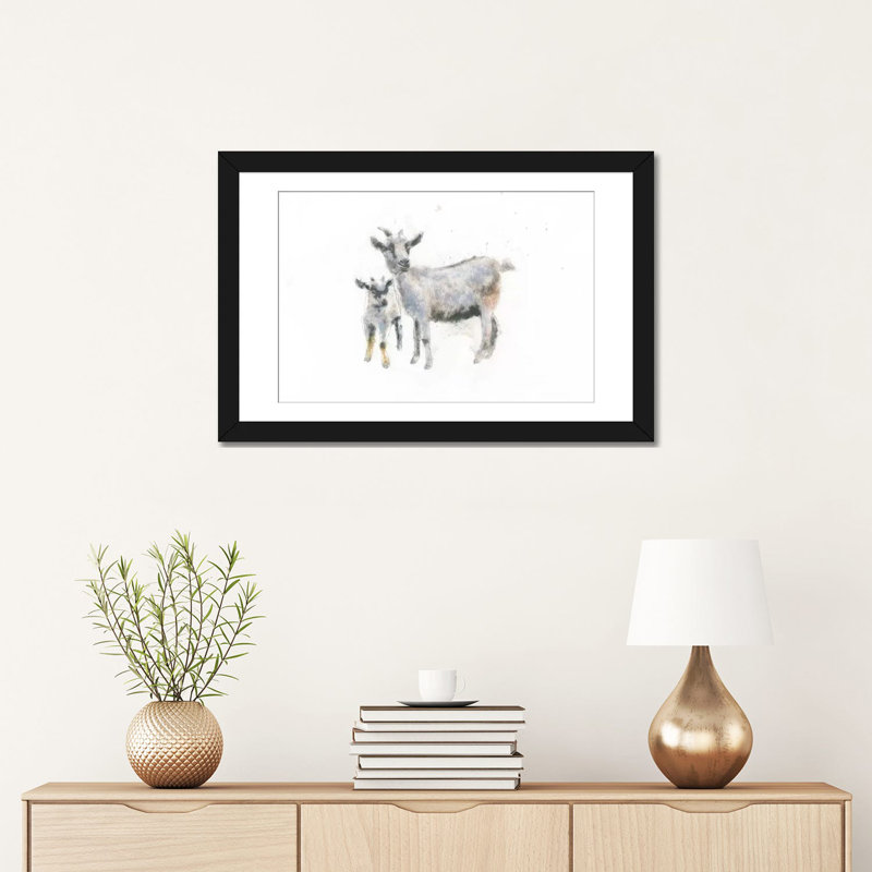 «Goat and Kid», impression sur toile tendue, Papier d'art encadré noir, Blanc, H 24 po x l 32 po x P 1 po
