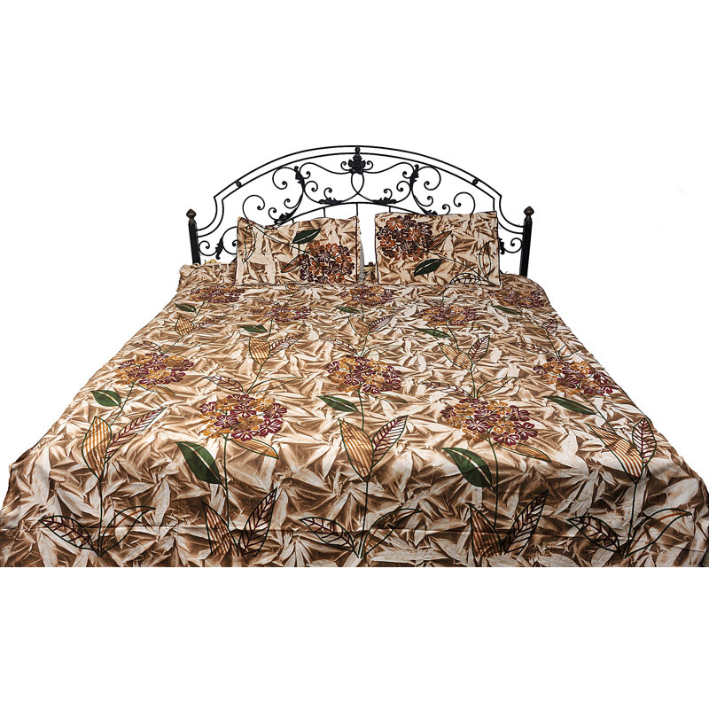 Beige Batik Bedspread with Large Printed Flowers, Cotton Block Print King Size Bohemian Bed Cover