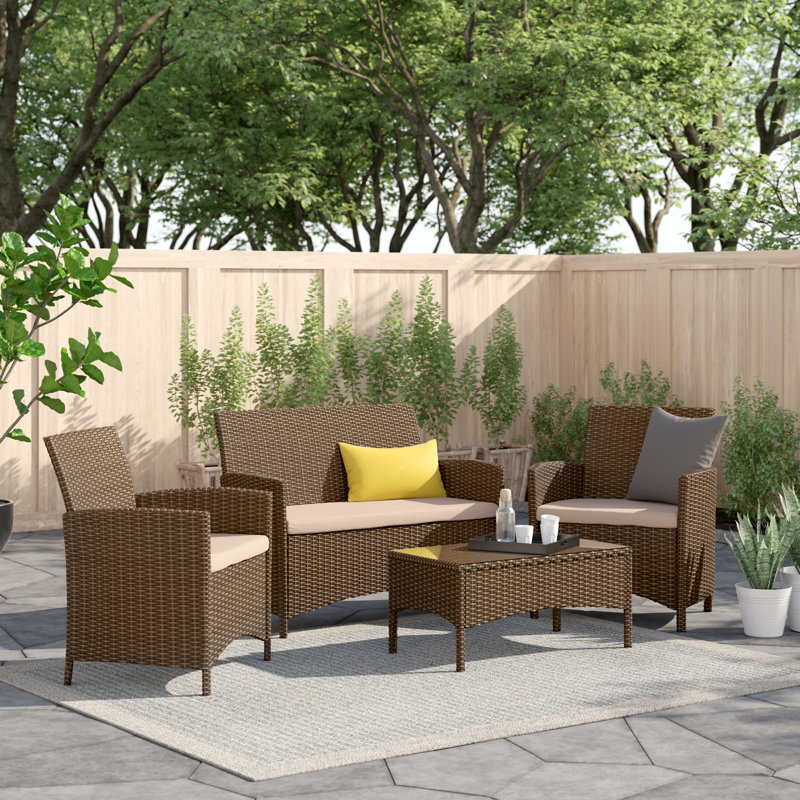 Gaubert Rattan 4 Seater Corner Sofa Set with Cushions, Brown