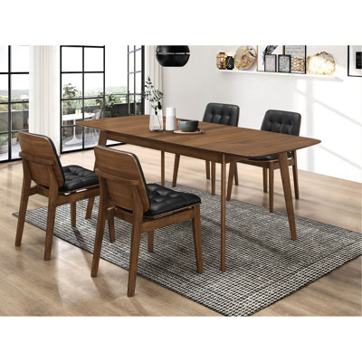 Mid-century Style 5 Rectangular Dining With Natural Walnut Table, 4 Leg Base, And Black Cushioned Side Seats For Everyday Tabletop, Chairs Experience
