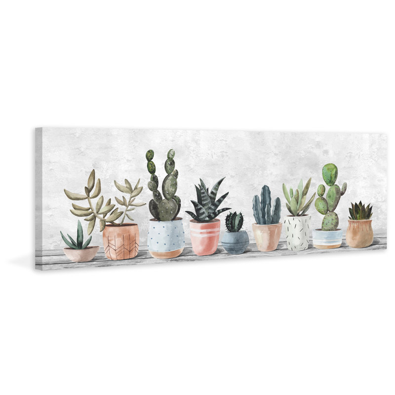 Pots alignés sur toile tendue, H 15 po x l 45 po x P 1,5 po
