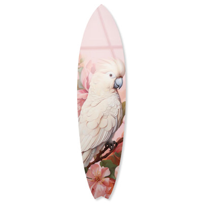 «Talking Cockatoo Blush Surfboard», art mural côtier en acrylique par Notoriart