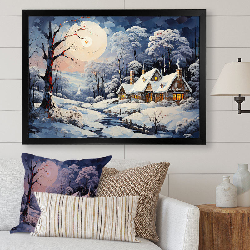 «Christmas Winter Cottage Scenery IV - Winter Landscape», art mural, Cadre d'angle fermé noir, H 16 po x l 32 po x P 1 po
