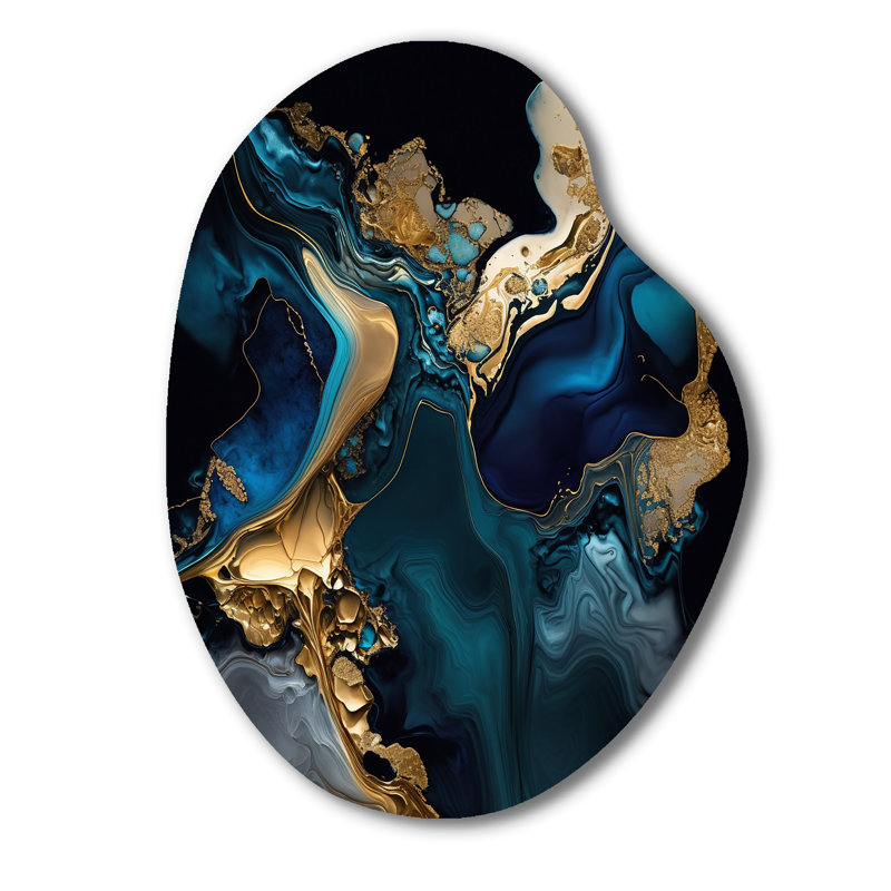Géode abstraite marbre bleu IV - impression unique de forme marbre sur métal, décoration murale asymétrique en métal bleu