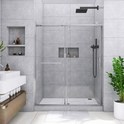 60 In. W X 75 In. H Reversible Sliding Semi-Frameless Shower Door In Brushed Nickel Finish