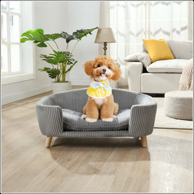 Lit surélevé pour petit chien avec pieds en bois d'hévéa et coussin en velours côtelé (beige)