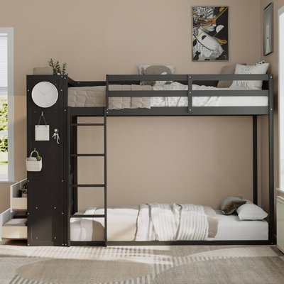 Twin Size Bunk Bed With 4 Storage Drawers, Hanging Rail, Light Strip And Built-In Shelves & Dual Pegboards, 3 Colors Available,Black