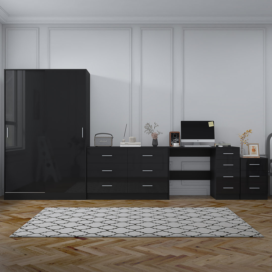 Eva High Gloss 2 Door Sliding Wardrobe 4 Piece Large Bedroom Study Set