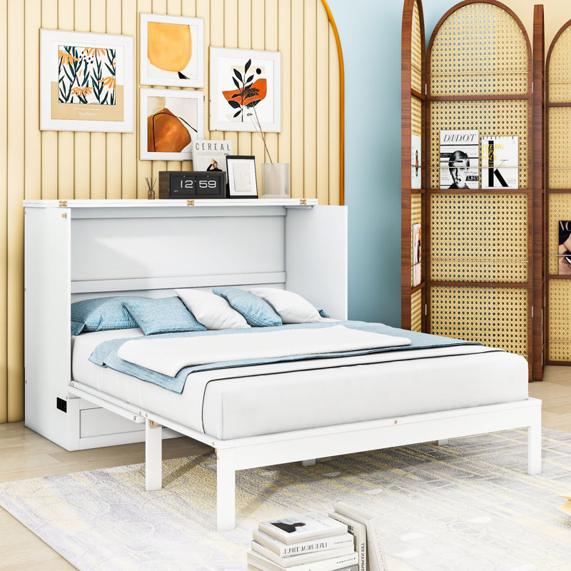  Lit escamotable en bois Giannettini avec grands tiroirs et port USB, Blanc, Double