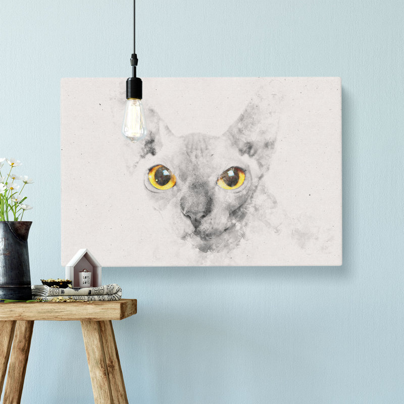 Sphynx Cat With Amber Eyes Watercolour - Wrapped Canvas Print, 35cm H x 50cm W x 3cm D