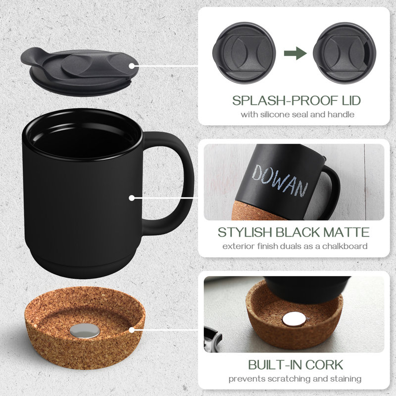 Dowan 2-Piece 15-Ounce Ceramic Mug Set With Cork Base, Black