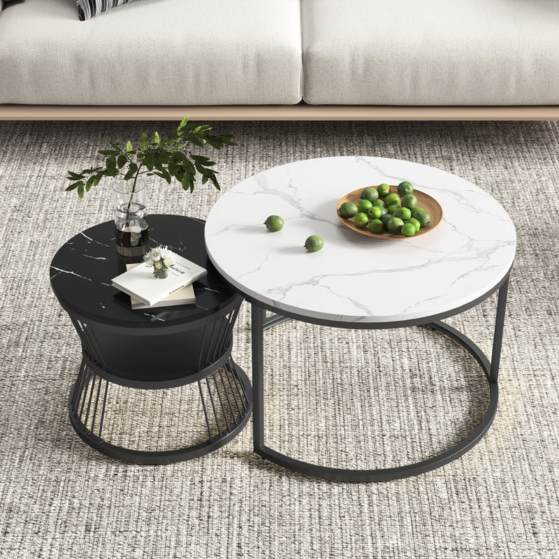 Modern Coffee Tables, Round Nesting Tables Set Of 2, Side Tables With Metal Frame And Open Storage Shelf, Industrial Stacking End Tables For Living Room Bedroom Office