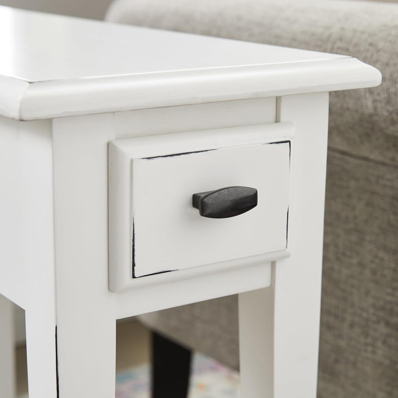 Narrow Solid Wood Side Table with Shelf, White