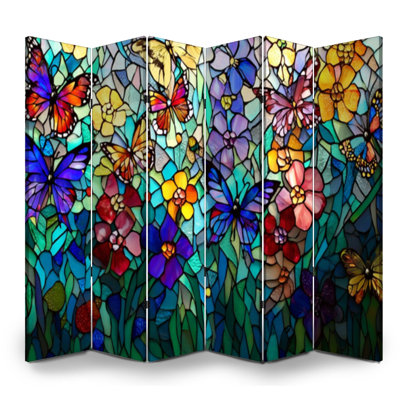 6 panneaux paravents cloisons pliantes Royal coloré floral papillon vitrail art toile écran séparateur autoportant protecteur cloison d'intimité