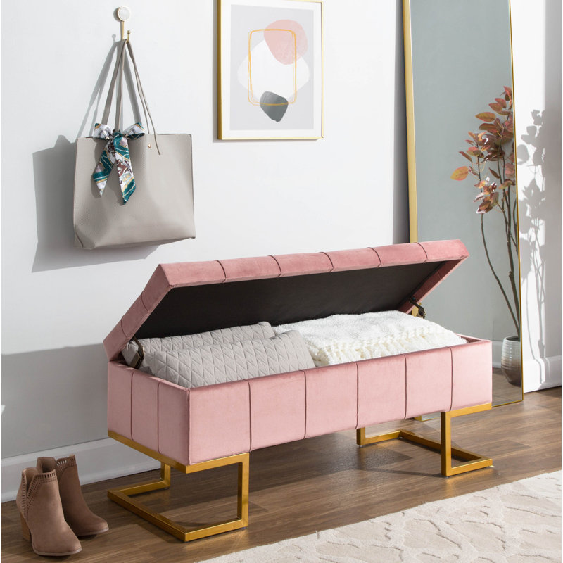 Freea Velvet Upholstered Storage Bench, Pink