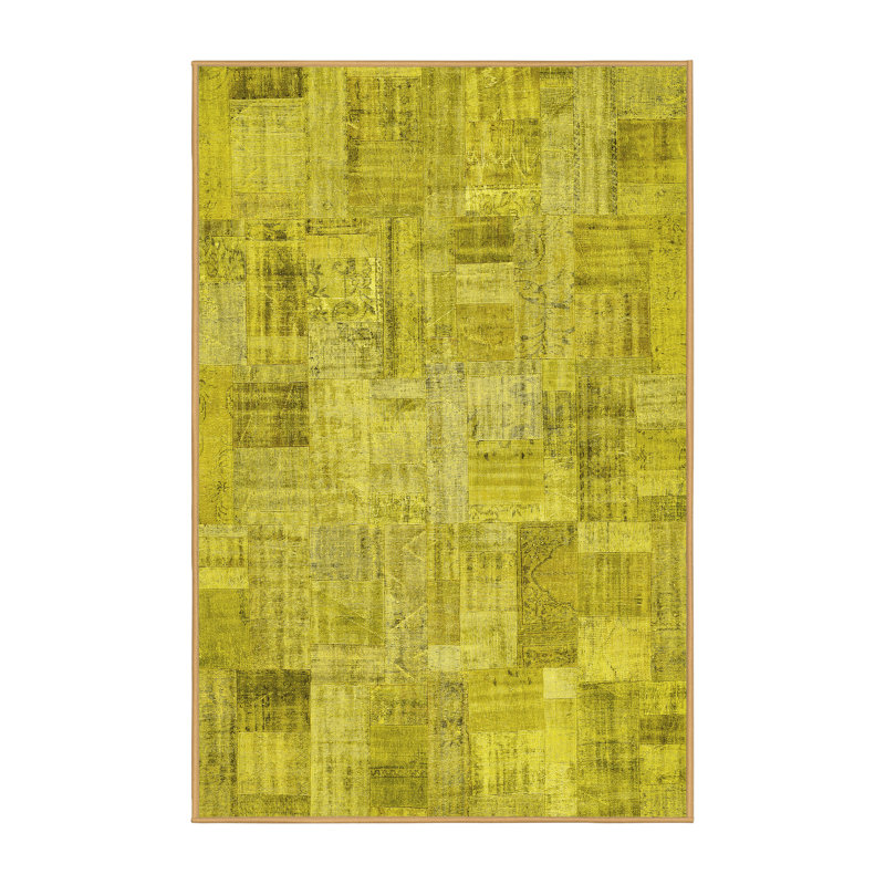 Tapis contemporain 442 jaune lavable à la machine, Tapis de couloir 2 pi x 5 pi
