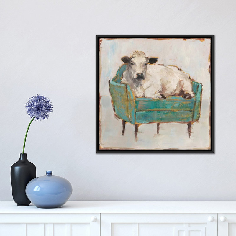 «Moo-ving in I» par Ethan Harper - Peinture, H 18 po x l 18 po x P 1,5 po, Toile avec cadre noir