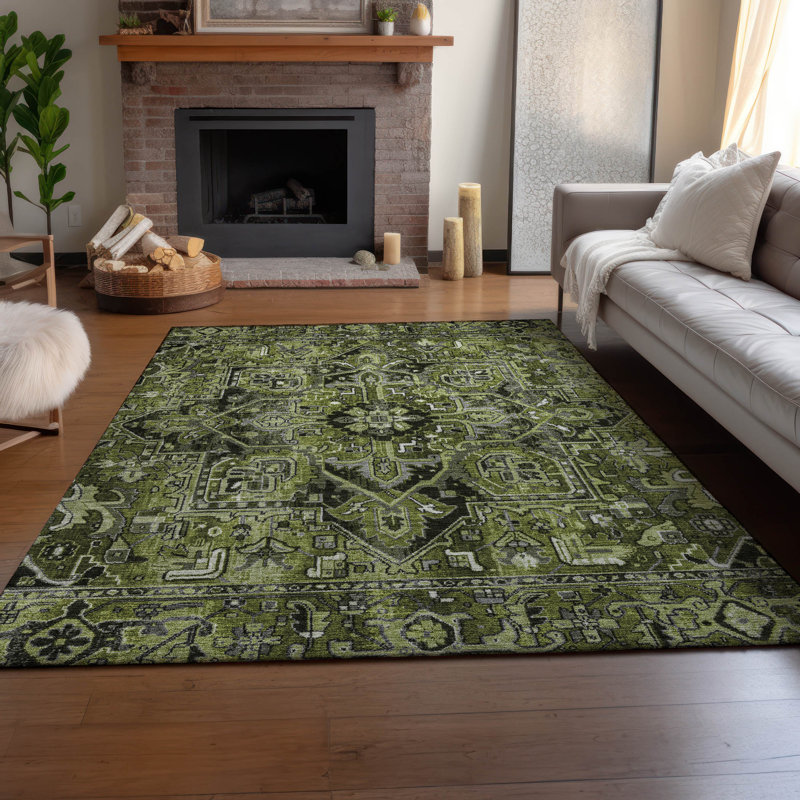 Tapis olive Cerrito AMF570 lavable à la machine de qualité supérieure, Rectangle 5 pi x 7 pi 6 po