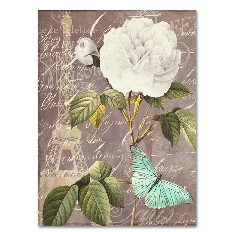 White Rose and Butterfly Canvas Art with Eiffel Tower Silhouette