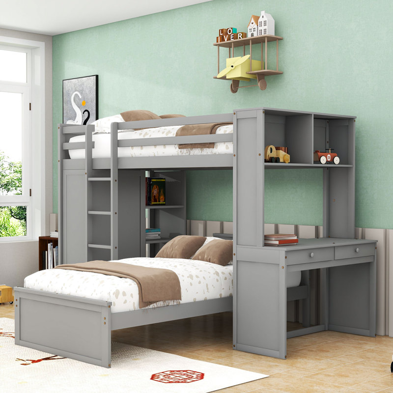 Lit superposé en bois avec bureau, tablettes et garde-robe, Lit superposé simple sur simple, Gris