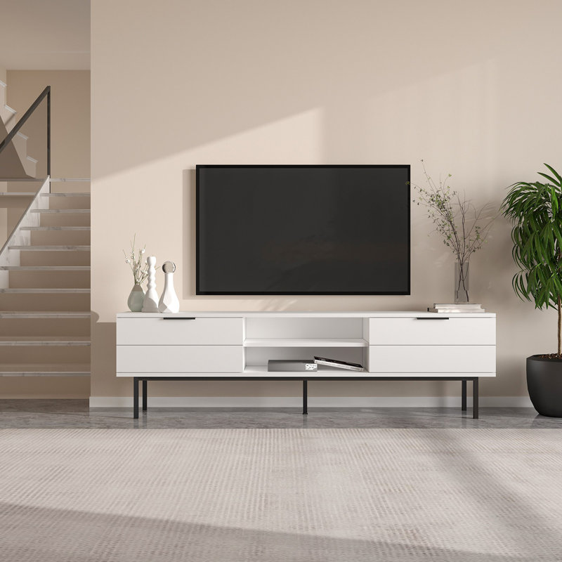 Meuble télé moderne blanc de 70,9 po x 19,7 po x 11,6 po | 100% panneau de particules enduit de mélamine, épaisseur: 0,7 pouce | Conception scandinave, élégante et élégante pour le salon et les espaces de divertissement, durable et fonctionnelle