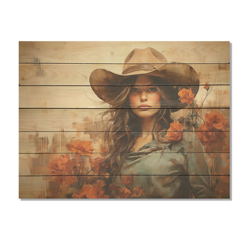 «Western West Floral Wild Cow Gril» - Western sur impression sur bois, H 24 po x l 32 po x P 0,78 po