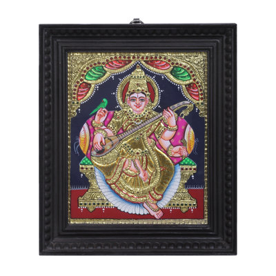 Goddess Saraswati Seated On Singhasan | Traditional Colors With 24K Gold | Teakwood Frame