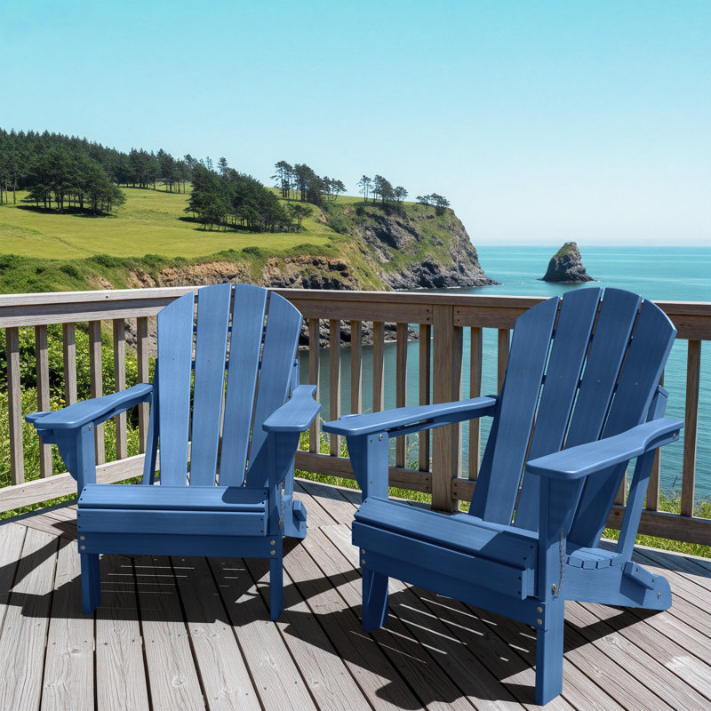 HDPE Outdoor Foldable Adirondack Chair Set Fire Pit Chair, Navy Blue