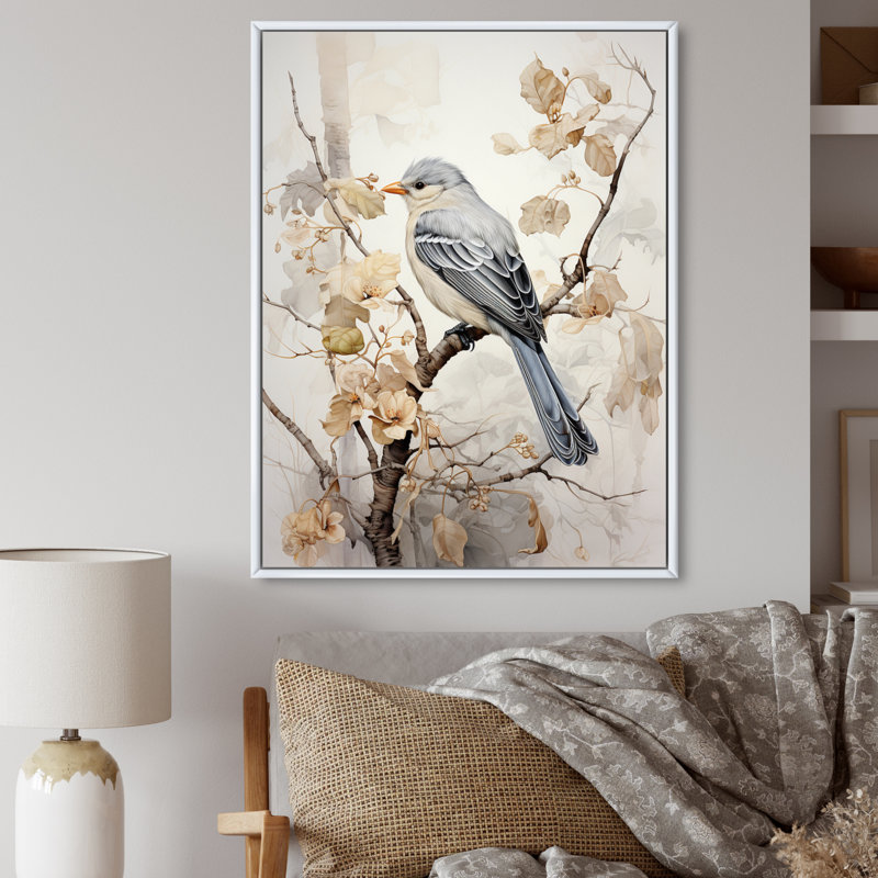 «Bird Silent Watcher V», reproduction d'art sur toile, H 44 po x l 34 po x P 1,5 po, Cadre flottant blanc