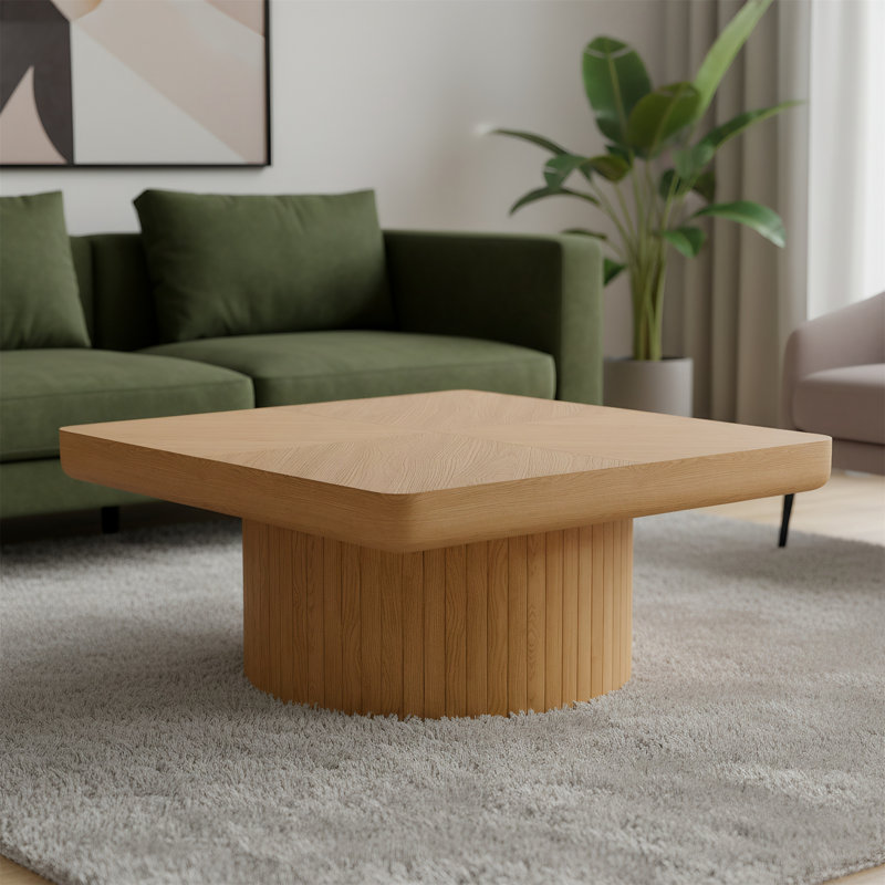 Table basse de salon 34,6 pouces avec conception lambrissée et base cylindrique, Natural