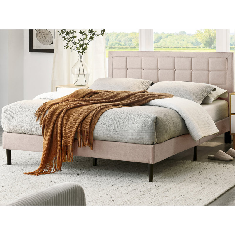 DeCoro Mornington Upholstered Platform Bed w/ Metal Frame, Linen, Queen